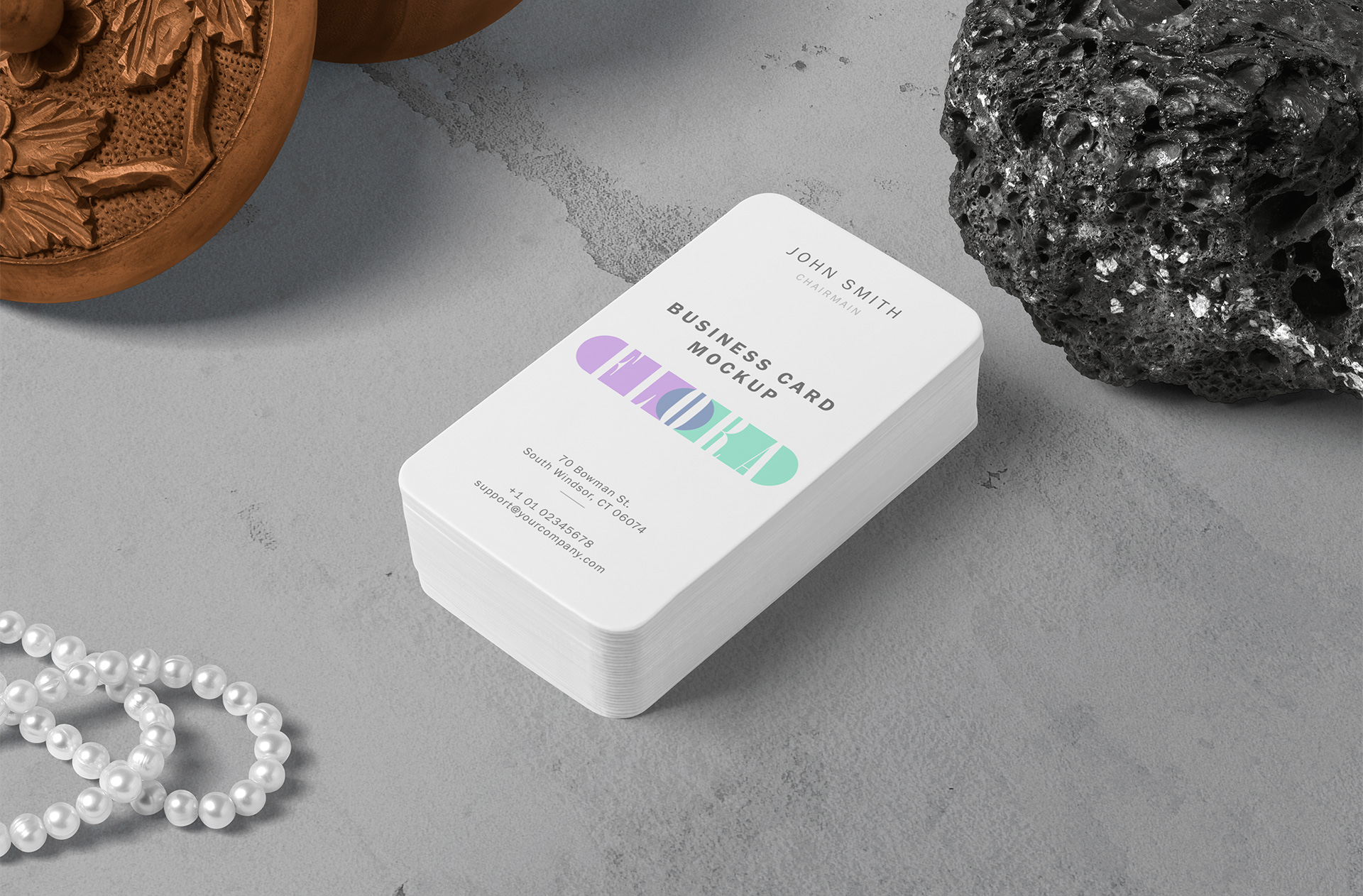 Flat Lay Business Card Mockup with Pearl Accents