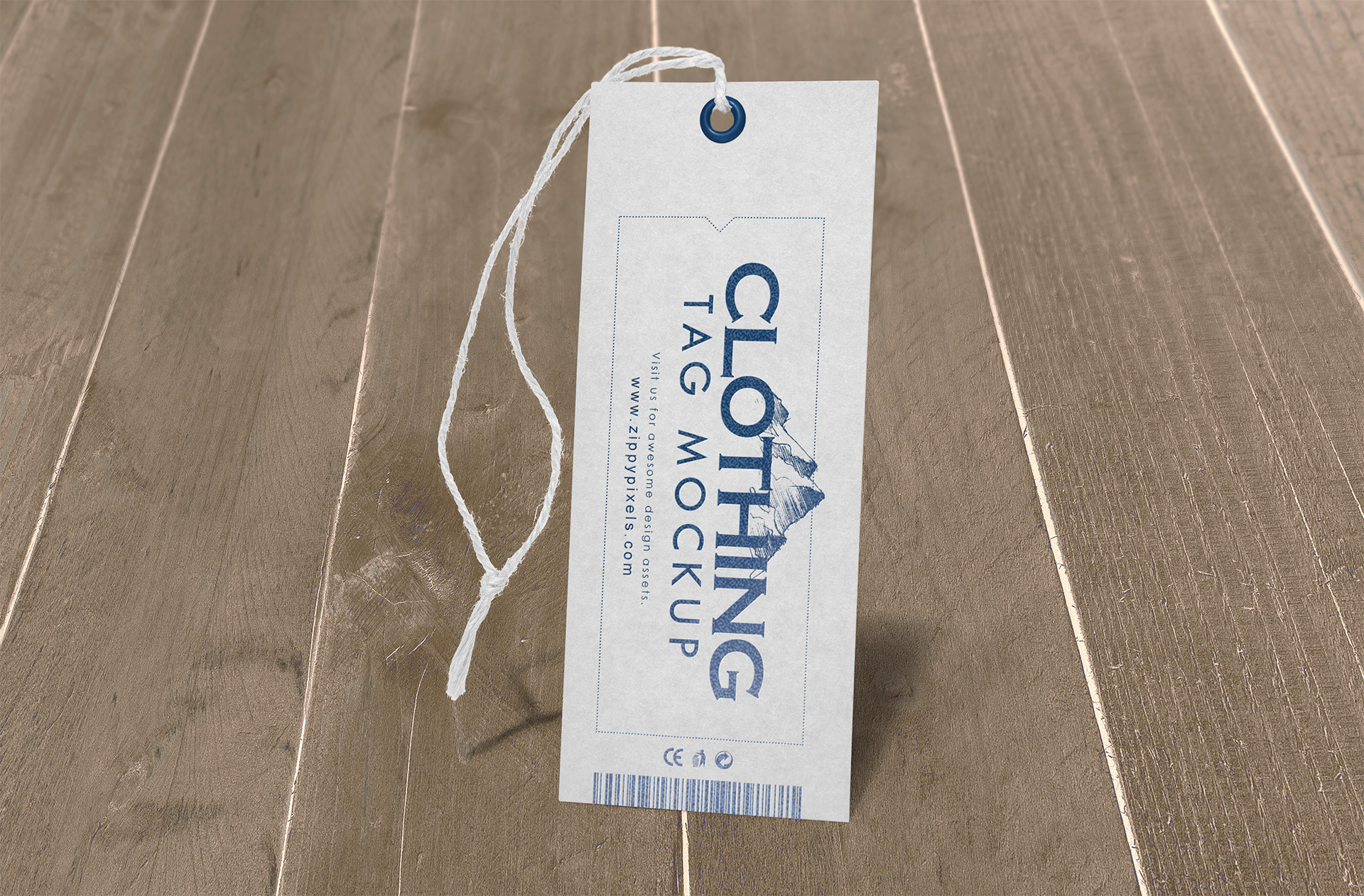 Clothing Label Tag Mockup with String on Wooden Floor