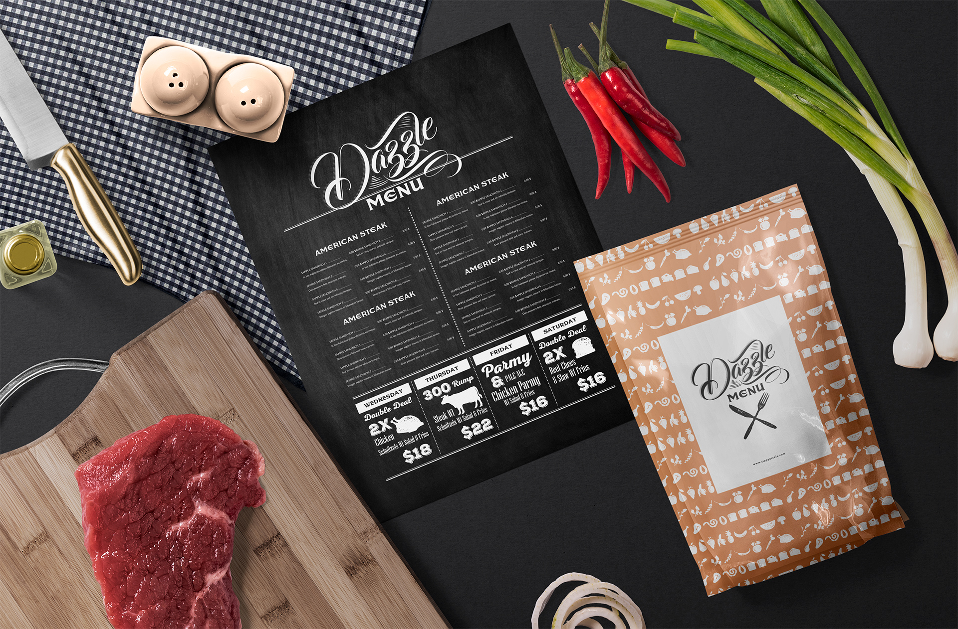 Rustic Restaurant Menu and Packaging Mockup