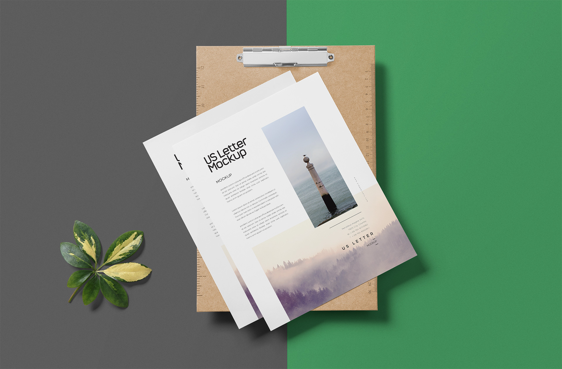 Floating US Letter Paper Mockup with Wooden Clipboard