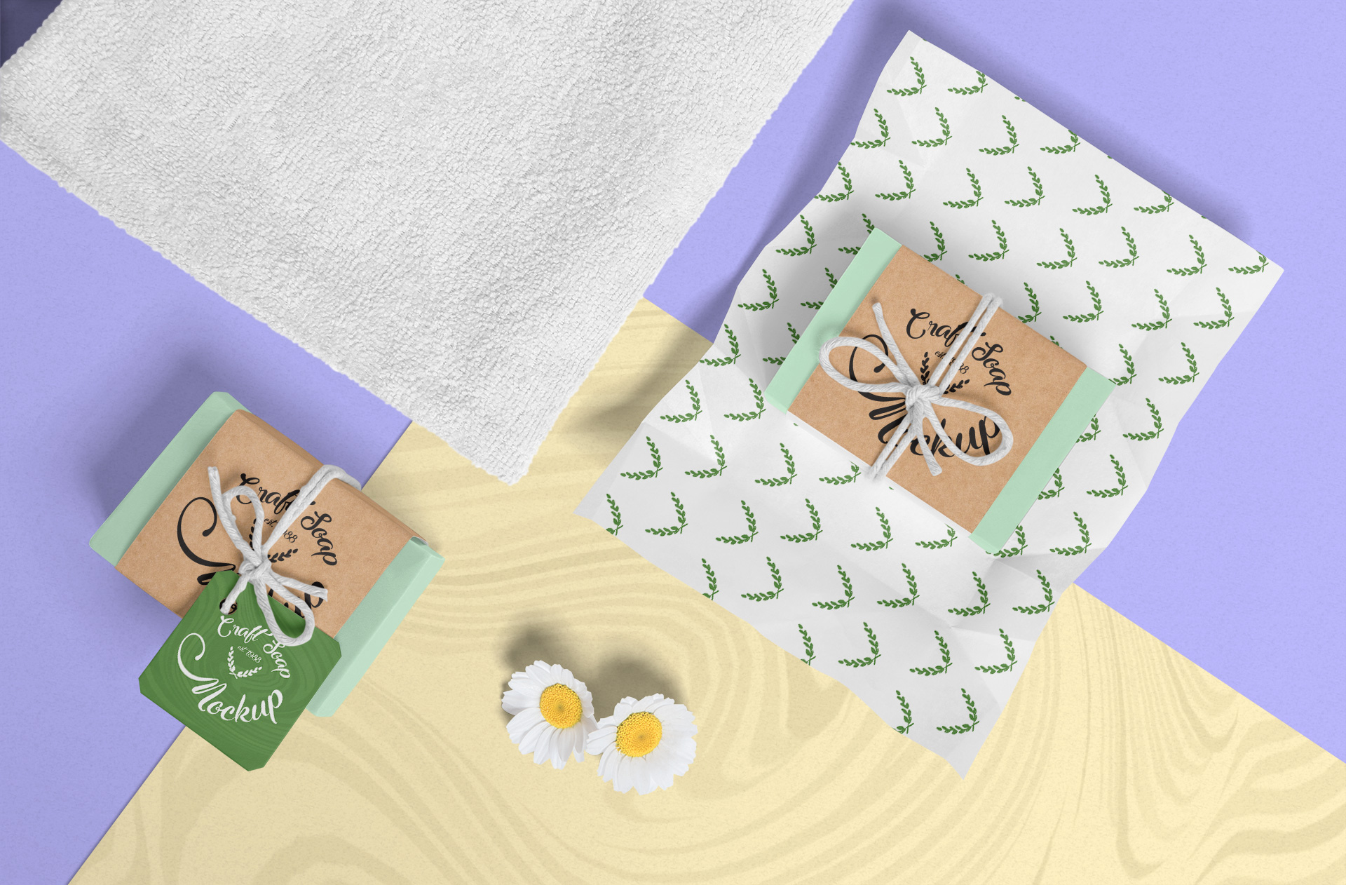 Flat Lay Soap Packaging Mockup – Kraft Paper & Twine