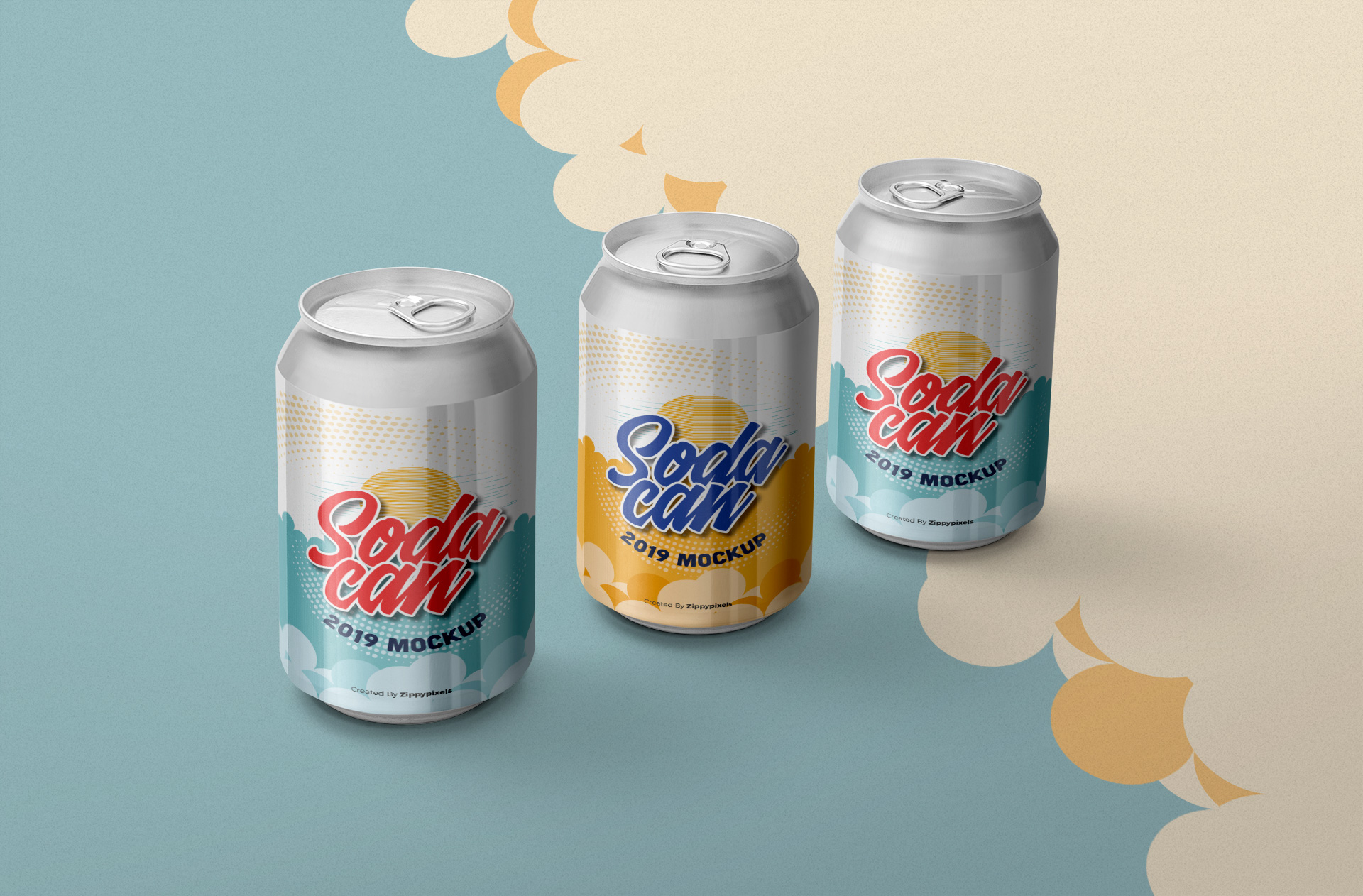 Realistic Soda Can Mockup with Three Can Designs